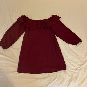 Lulu's Wine Off-Shoulder Ruffle Mini Dress